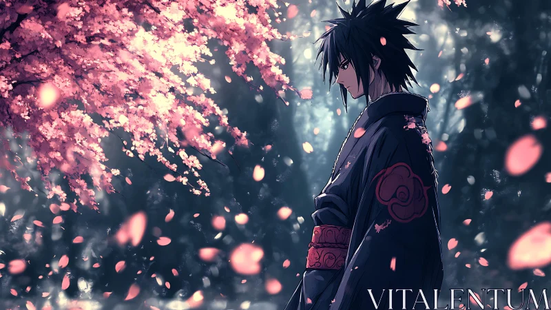 Brooding under cherry blossoms in a quiet drifting storm.