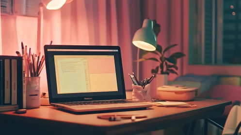 Laptop glows on tidy desk under warm evening lamplight