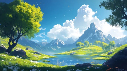 Sunny alpine valley encircles sharp snowcapped mountain peak