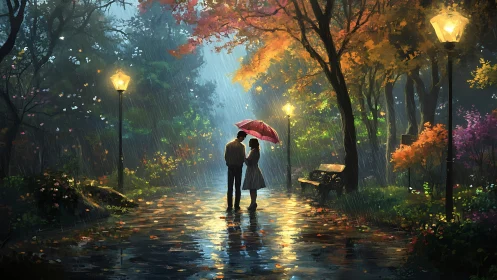 Two figures with umbrella in autumn rain.