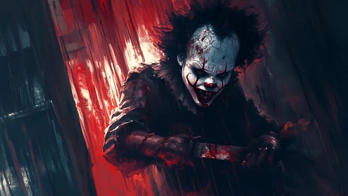 Sinister clown killer lunging through bloodstreaked shadows.