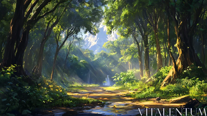 Ancient Forest Stream Through Canopy Light.