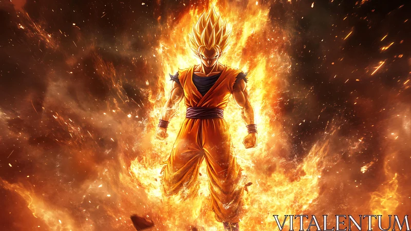 Blazing warrior rising through swirling golden firestorm.