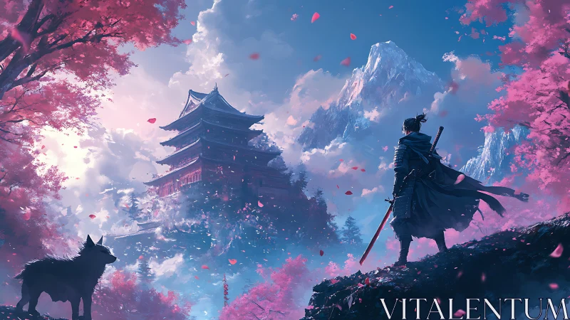 Samurai and wolf overlook cherry blossom mountain temple.