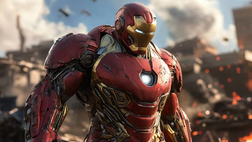 Battle‑worn red exosuit amid urban debris and combustion field.