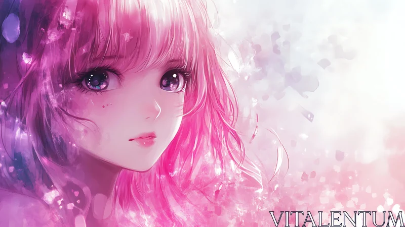 Dreamy anime girl glows in soft pink and violet light
