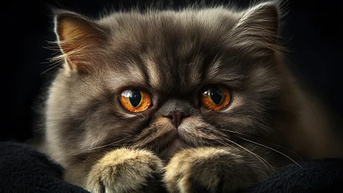 Persian Blue-Grey Cat with Amber Ocular Highlights, Studio Portraiture