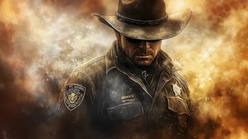 Lone lawman walks through embers of a fading frontier dusk