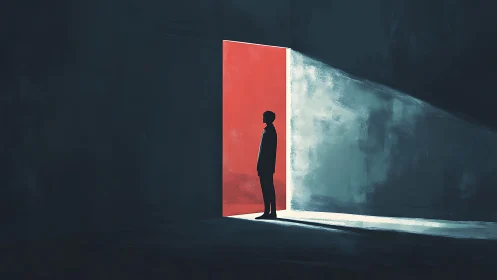 Silhouetted figure in doorway with angled light and shadow.