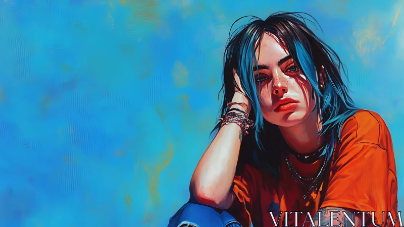 Moody blue haired girl portrait against vivid cyan field.