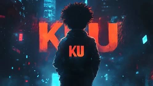 Backlit urban silhouette confronts neon KU typography in haze