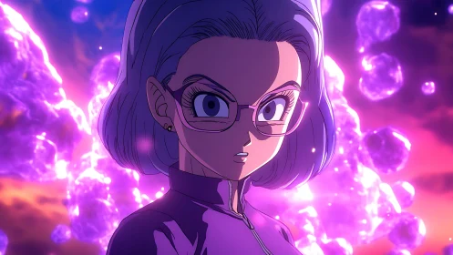 Purple lit anime character with glasses in glowing energy field.