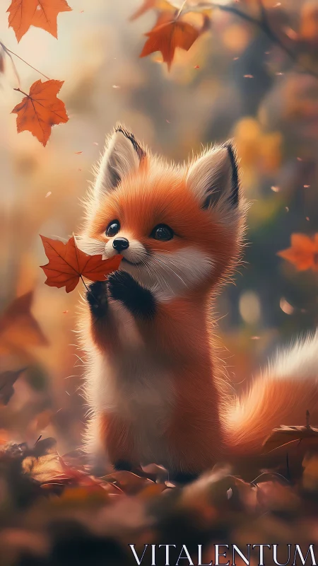 Cute baby fox holding autumn leaf in warm forest light.