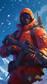 Arctic Commando in Tactical Red Armor Against Snowy Sky