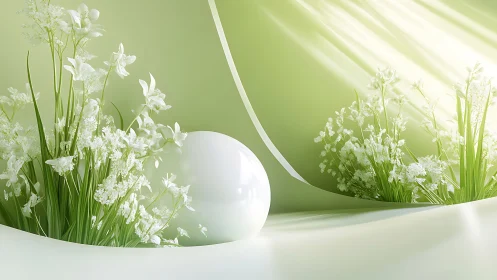 White wildflowers surround glossy orb in soft green field.