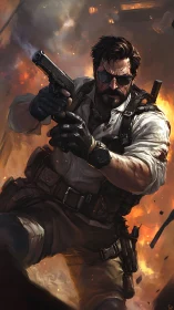 Tactical operative advancing through explosion with pistol.