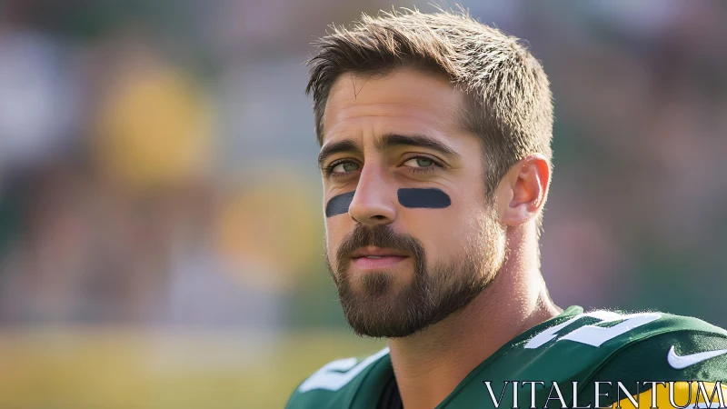 Football quarterback studies field under warm stadium light.
