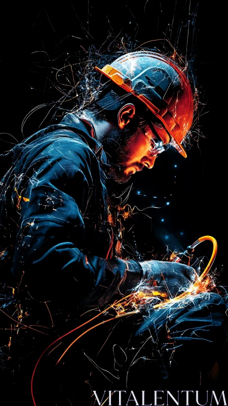 Industrial welder framed by electric sparks in darkness.