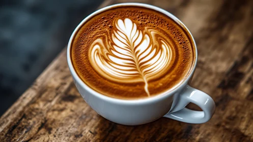 White ceramic cup holds latte with precise rosette art
