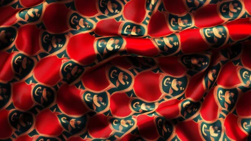 Satin fabric draped in red cartoon face repeat pattern design