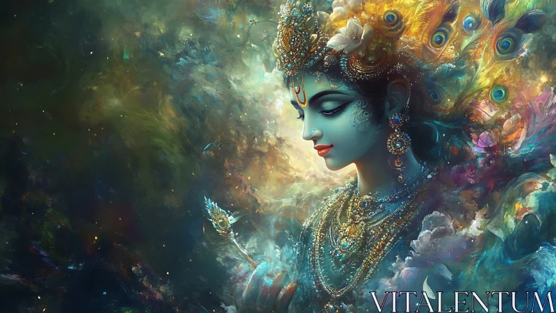 Divine blue goddess amid cosmic clouds and peacock plumes.