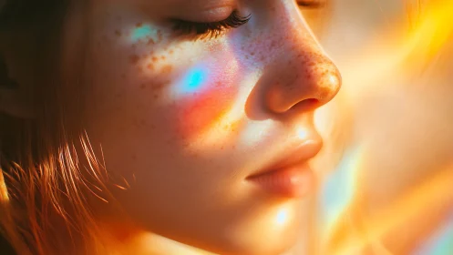 Freckled face in warm light with soft color reflections.
