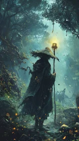 Cloaked wanderer with lantern walking through wet forest path.
