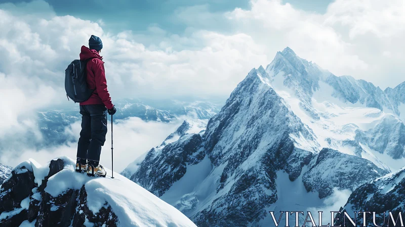 Scarlet climber pauses above a cathedral of winter peaks.
