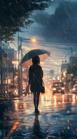 Silhouetted girl with umbrella on neon lit rainy city street