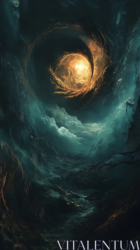 Spiraling storm vortex opens above eroded abyssal landscape