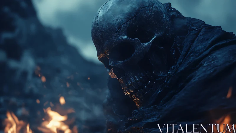 Armored skull wreathed in embers emerges from desolate abyss