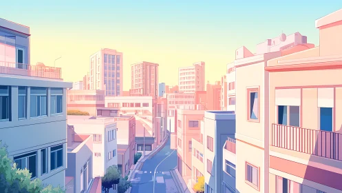 Sunlit pastel urban street rendered in clean digital gradients