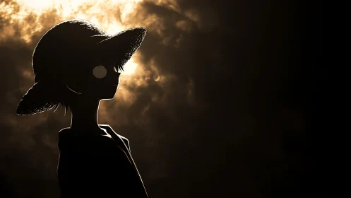 Silhouetted straw hat figure stands before bright backlit clouds