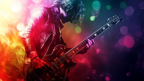 Neon storm guitar shreds through swirling cosmic stage light