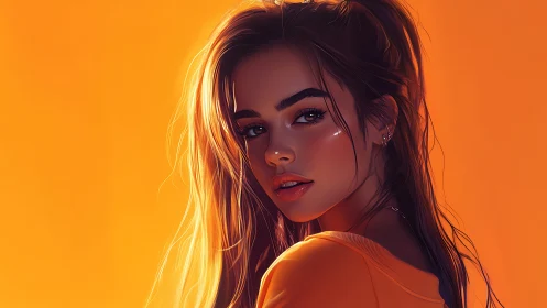 Sunlit muse in molten orange glow and electric highlights.