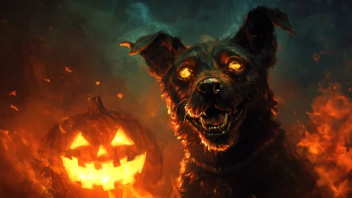 Infernal dog portrait with glowing eyes beside lit jack o lantern