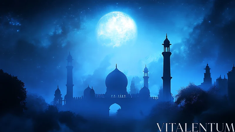 Moonlit palace skyline shimmers beneath a luminous night sky.