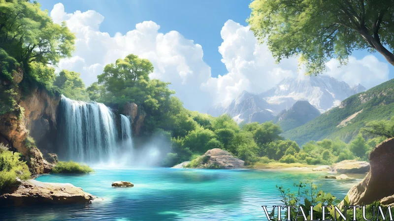 Sunlit alpine waterfall cascades into luminous turquoise lagoon