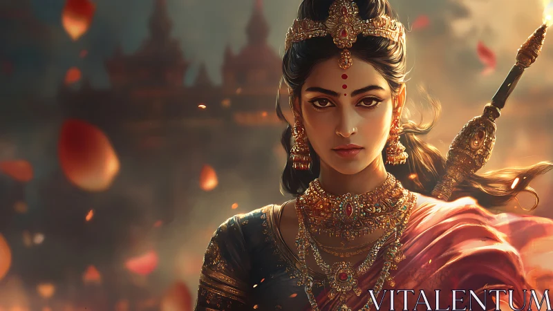 Warrior princess stands poised in glowing temple twilight