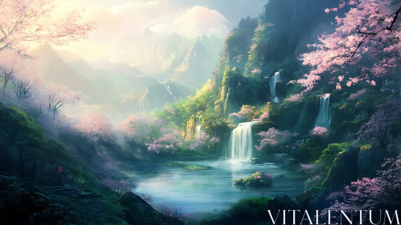 Ethereal mountain lake with tiered waterfalls and sakura glow.