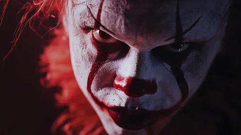 Red-lit horror clown leans in close and owns the darkness
