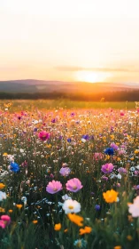 Sunlit wildflower field extends toward distant low hills