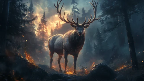 Majestic stag stands against fiery twilight forest blaze.