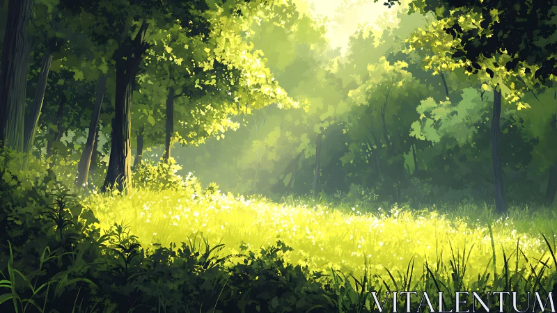Sunlit Forest Clearing with Golden Woodland Glow.