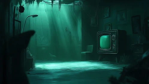 Digital painting of flooded retro TV room with teal volumetric light.