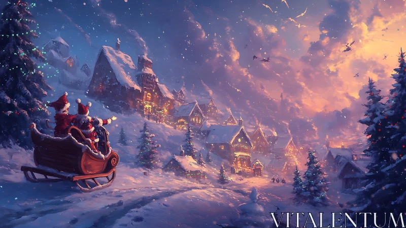 Snowy Christmas village with sleigh arriving at dusk.