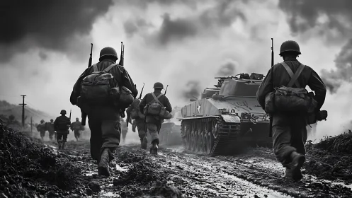 Infantry advance flanks armored tank through muddy warroad.