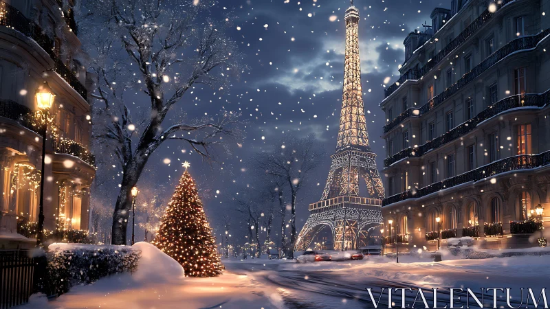 Parisian winter boulevard with illuminated Eiffel Tower.