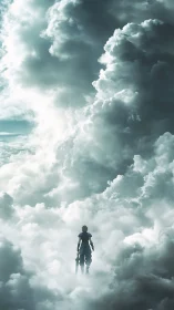 Lone skyward warrior dissolves into storm-tossed clouds.