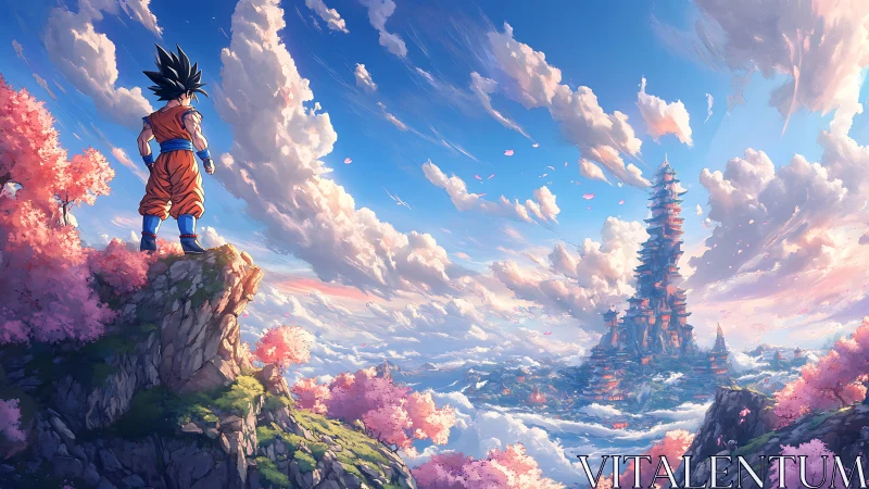 Saiyan warrior overlooks floating sakura sky citadel.